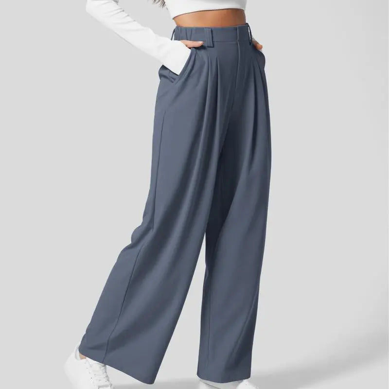 🔥Autumn Sale– High Waisted Pleated Wide Leg Waffle Work Pants with Side Pockets