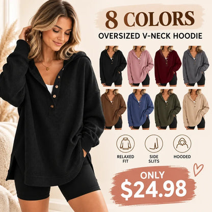 Women’s Oversized V-Neck Hoodie – Relaxed Button Pullover with Side Slits