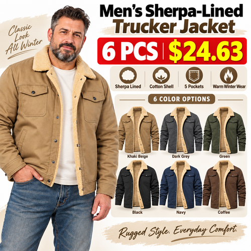 🔥 BESTSELLER | 6PCS $24.63 | Men's Sherpa-Lined Cotton Trucker Jacket