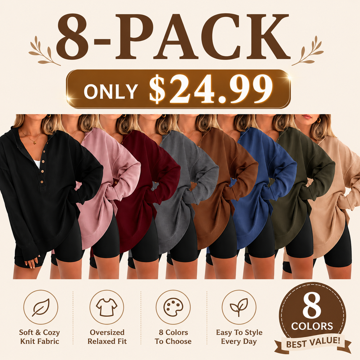 Women's Oversized Button V-Neck Hoodie Sweatshirt Long Sleeve Side Slit Casual Fall Pullover Top