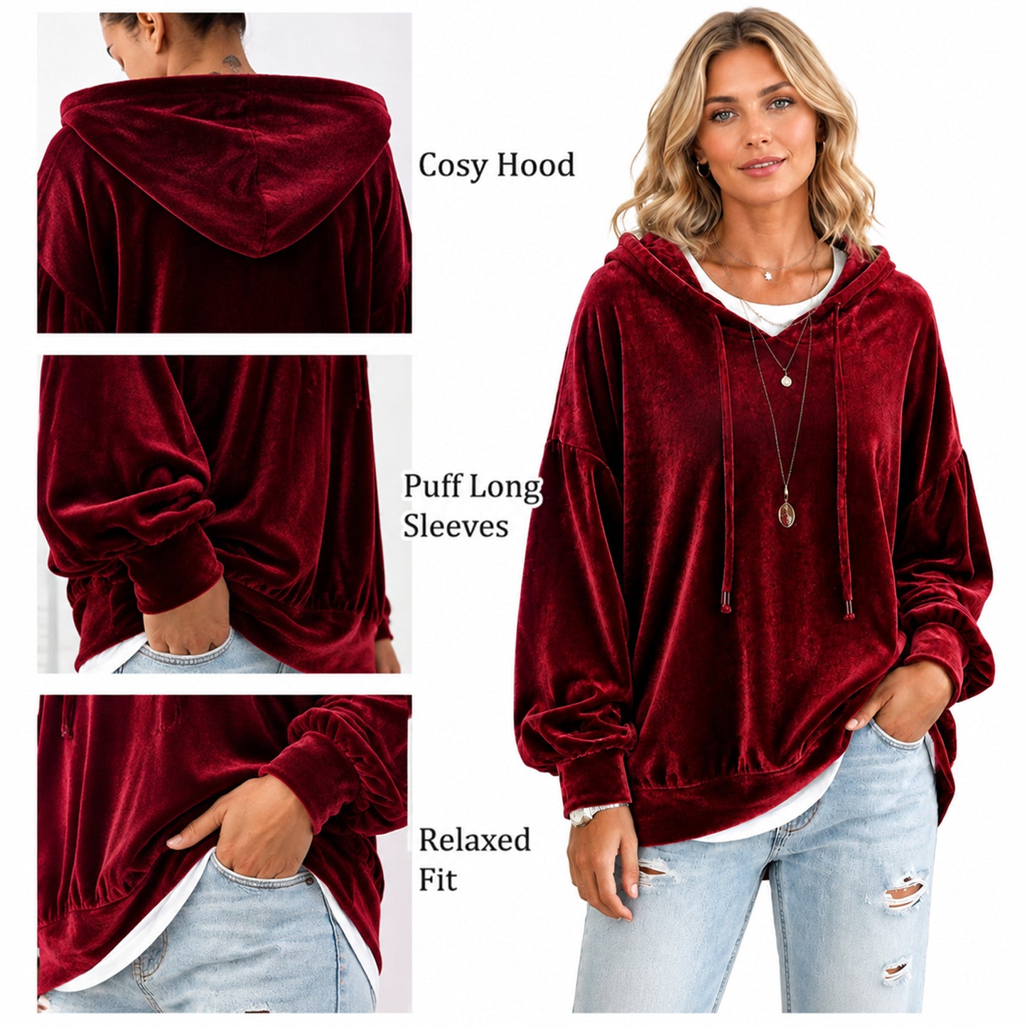 Women's Loose Velvet Drawstring Hoodie