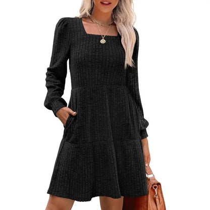 Women's Square Neck Long Sleeve Fall Dresses Casual Babydoll Sweater Dress