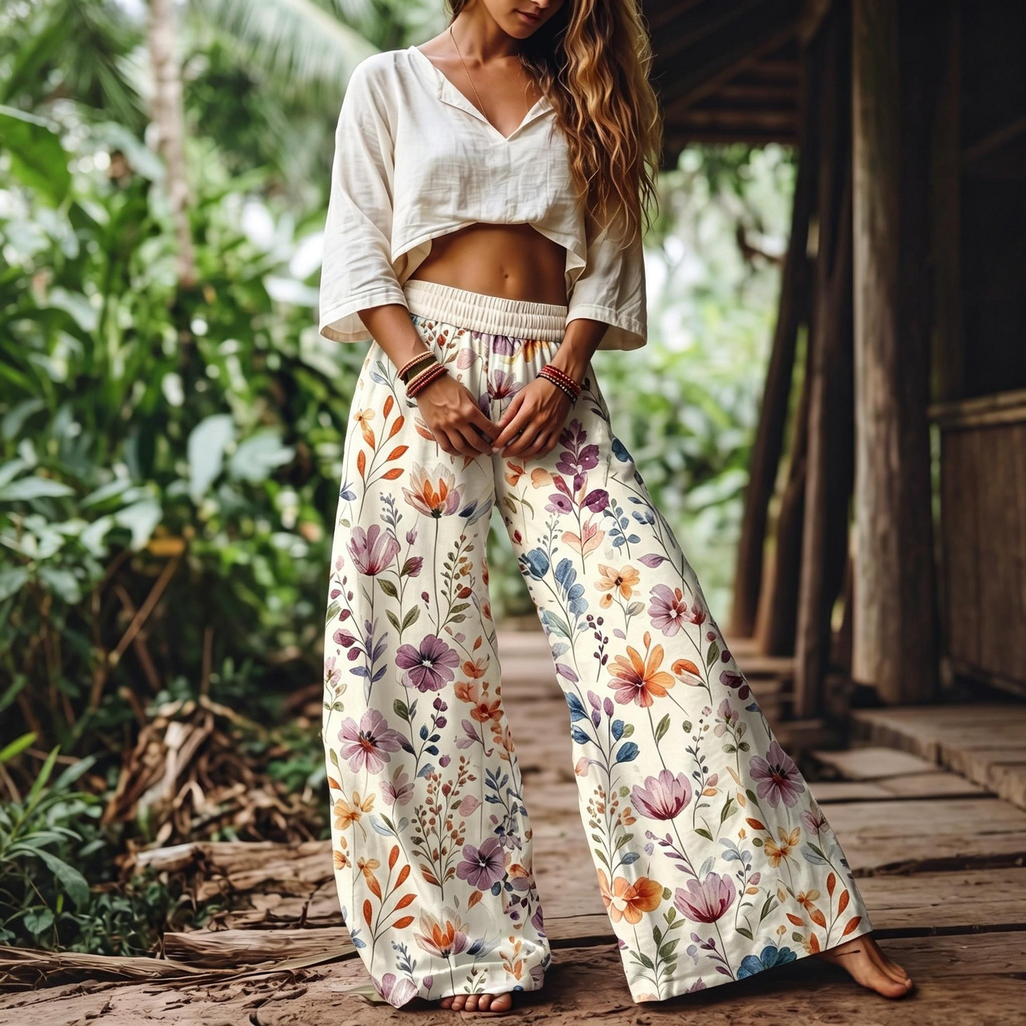 Women's Casual Bohemian Style Floral Print Wide Leg Pant