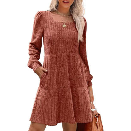 Women's Square Neck Long Sleeve Fall Dresses Casual Babydoll Sweater Dress