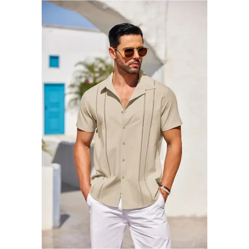 💥Men's Cuban Guayabera Shirt Short Sleeve V-Neck