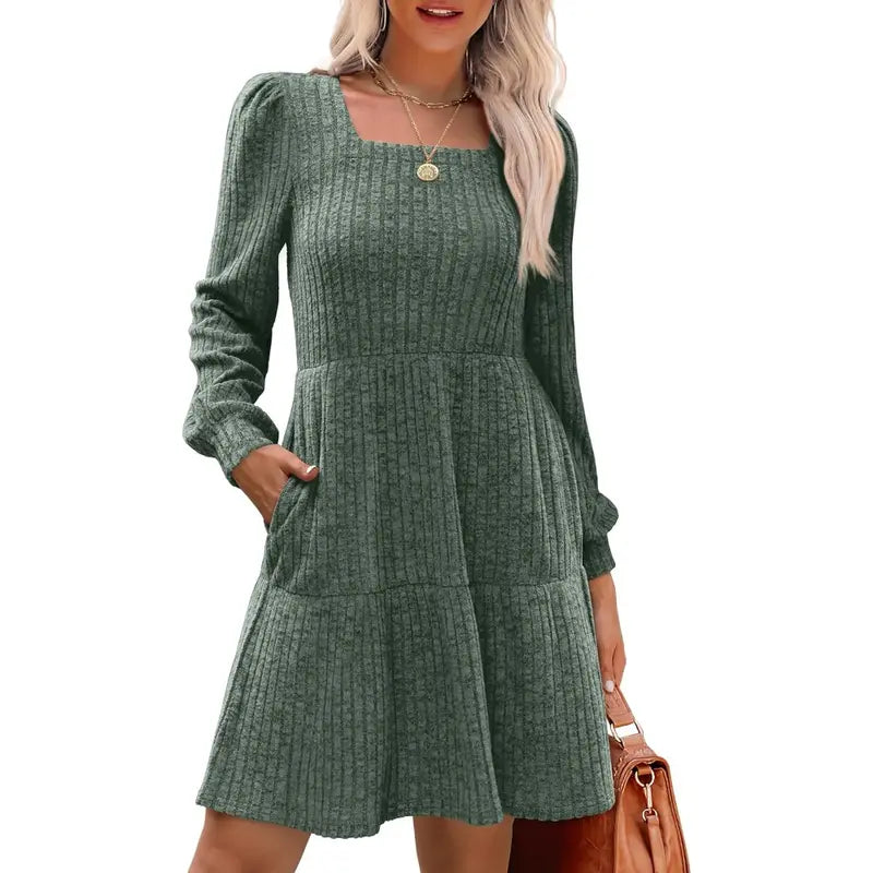 Women's Square Neck Long Sleeve Fall Dresses Casual Babydoll Sweater Dress