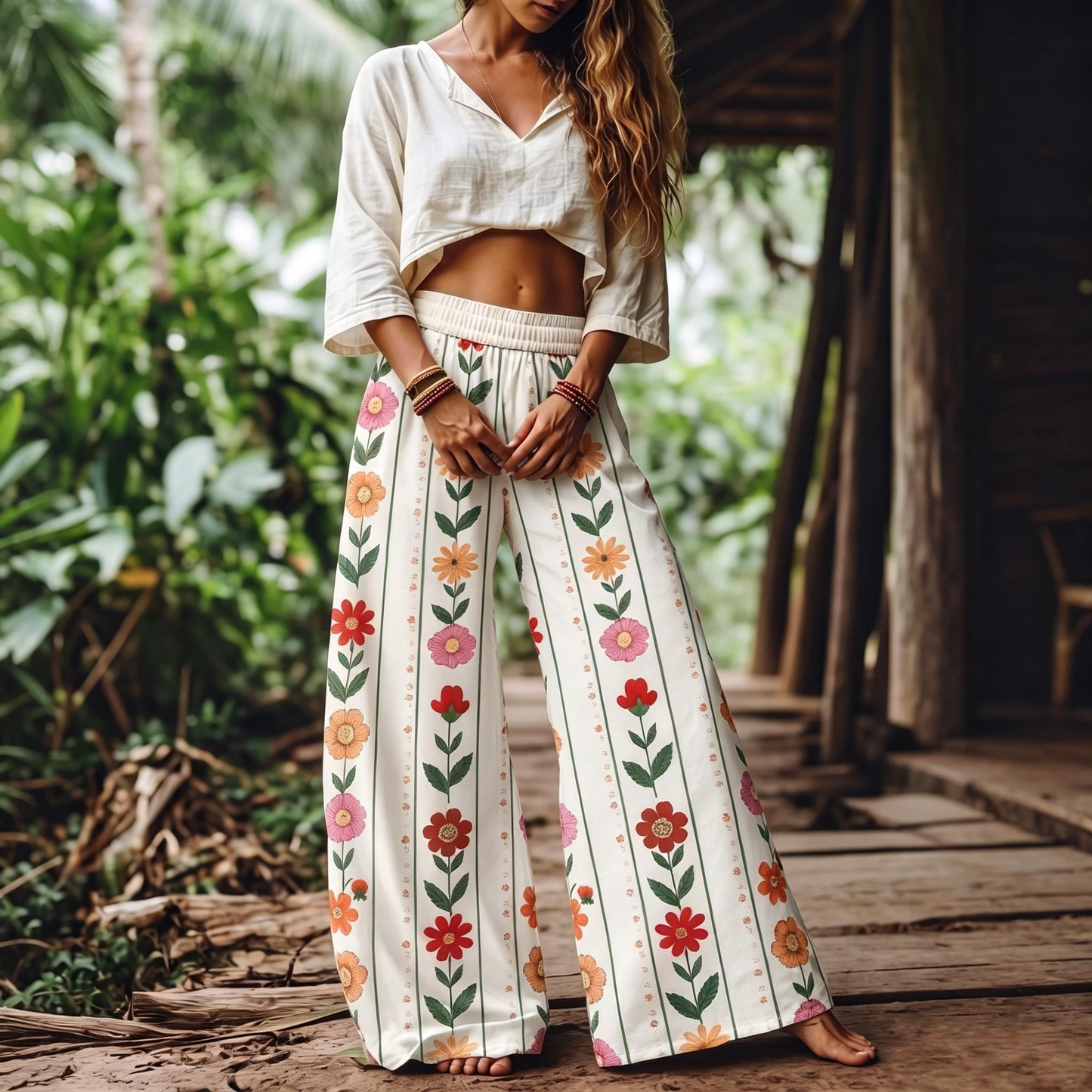 Women's Casual Bohemian Style Floral Print Wide Leg Pant