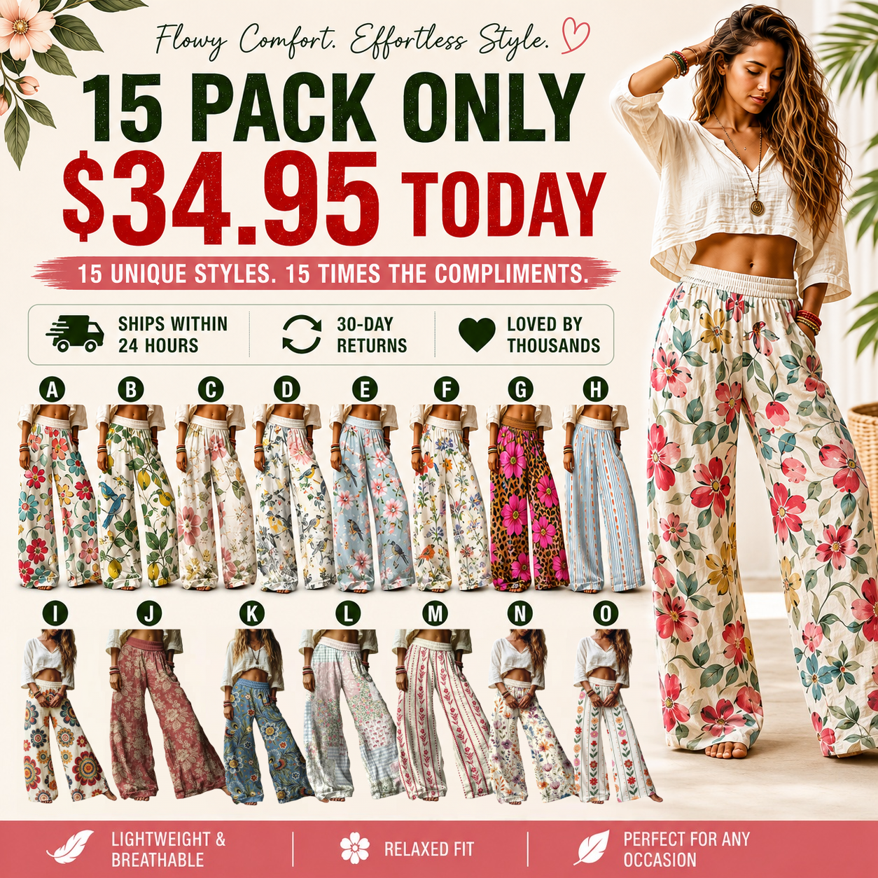 Women's Casual Bohemian Style Floral Print Wide Leg Pant
