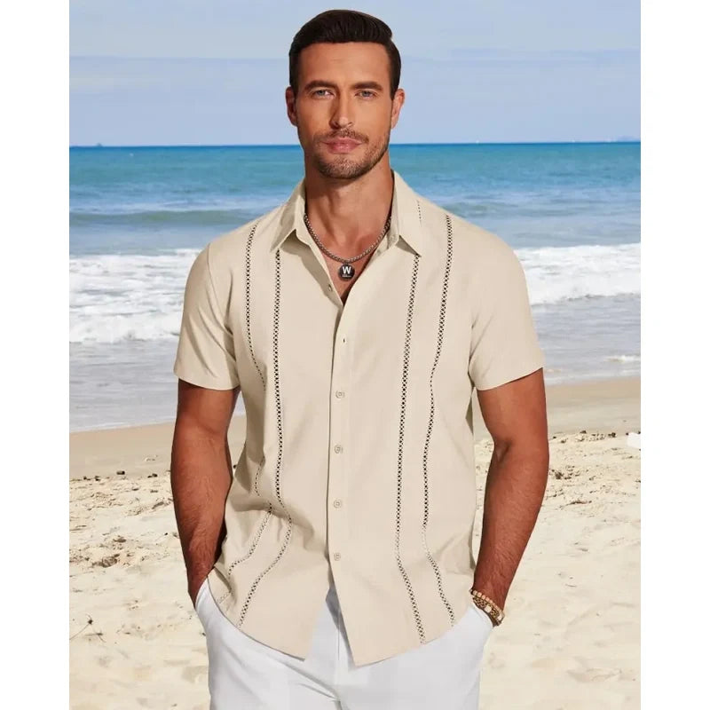 💥Men's Cuban Guayabera Shirt Short Sleeve V-Neck
