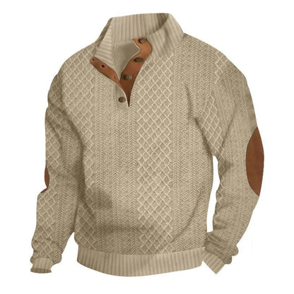 Men's Stand Collar Jacquard Knit Sweater, Micro Stretch 100% Polyester Elbow Patch Long Sleeve Top
