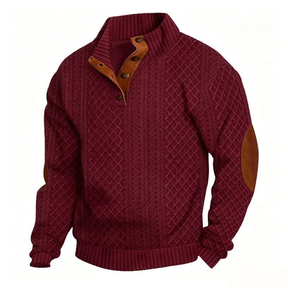 Men's Stand Collar Jacquard Knit Sweater, Micro Stretch 100% Polyester Elbow Patch Long Sleeve Top