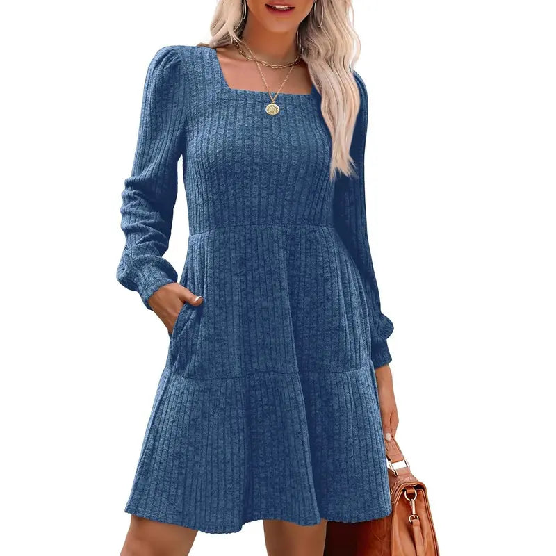 Women's Square Neck Long Sleeve Fall Dresses Casual Babydoll Sweater Dress
