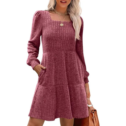 Women's Square Neck Long Sleeve Fall Dresses Casual Babydoll Sweater Dress
