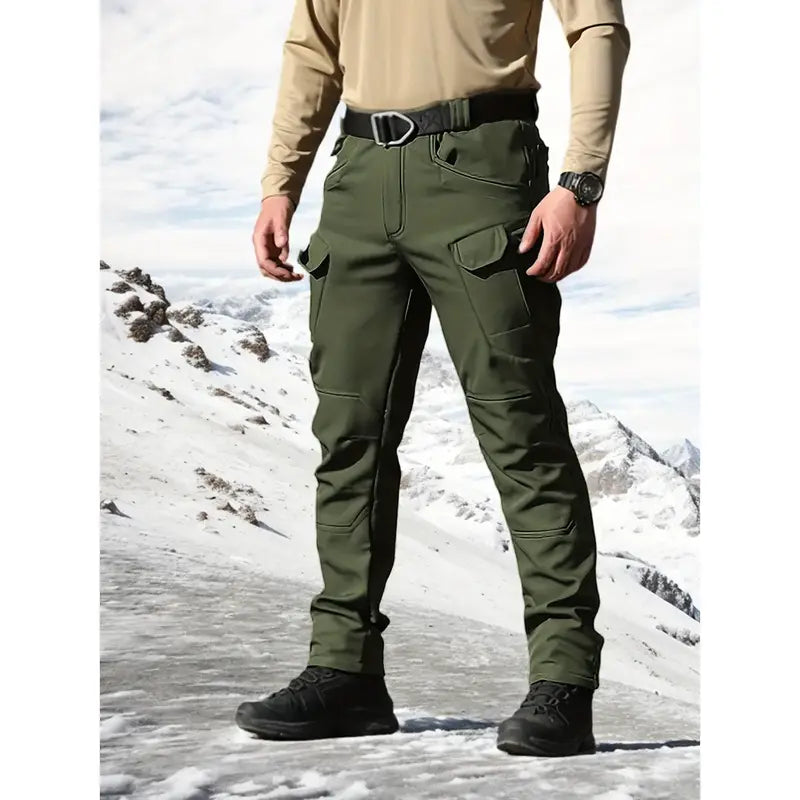 Men's Fleece-Lined Tactical Cargo Pants, Windproof Warm Work Pants with Multi-Pockets, 320g Fabric, Regular Fit Outdoor Pants for Fall & Winter