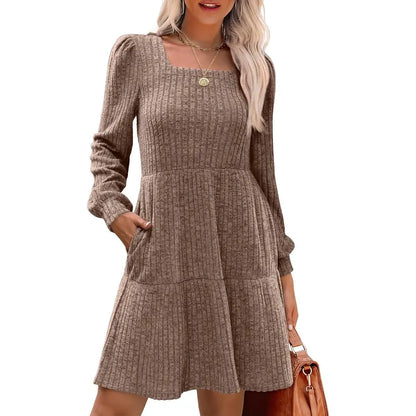 Women's Square Neck Long Sleeve Fall Dresses Casual Babydoll Sweater Dress