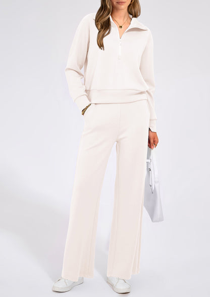 Women's 2 Piece Outfits Casual Lapel Half Zip Sweatshirts And Wide Leg Pants Tracksuit Sets