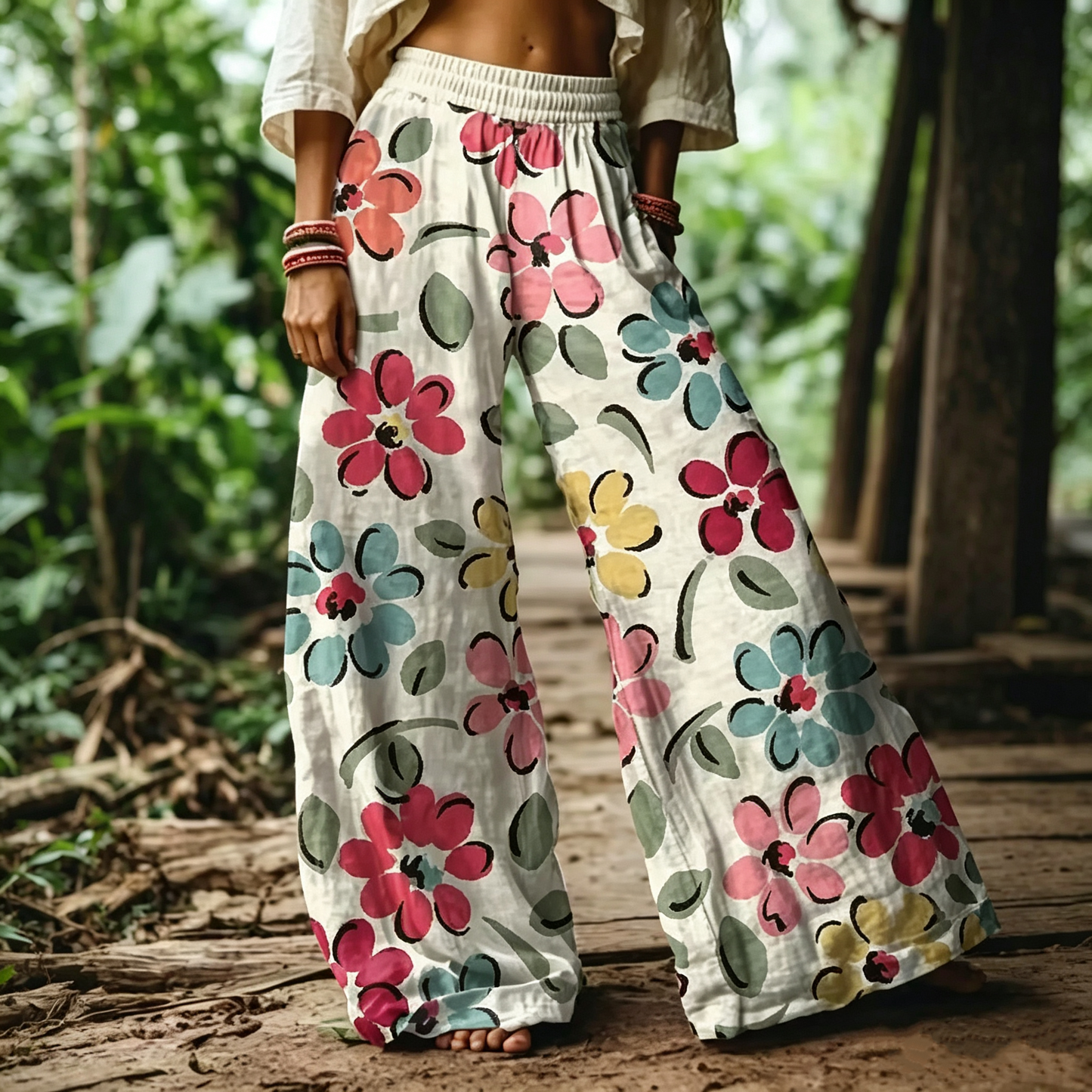 Women's Casual Bohemian Style Floral Print Wide Leg Pant
