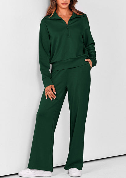 Women's 2 Piece Outfits Casual Lapel Half Zip Sweatshirts And Wide Leg Pants Tracksuit Sets