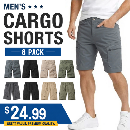 Multi Pack Men Casual Work Cargo Shorts, Button Waist Belt Loops, Secure Zip Side Cargo Pockets Lightweight Outdoor Walking Short Pants
