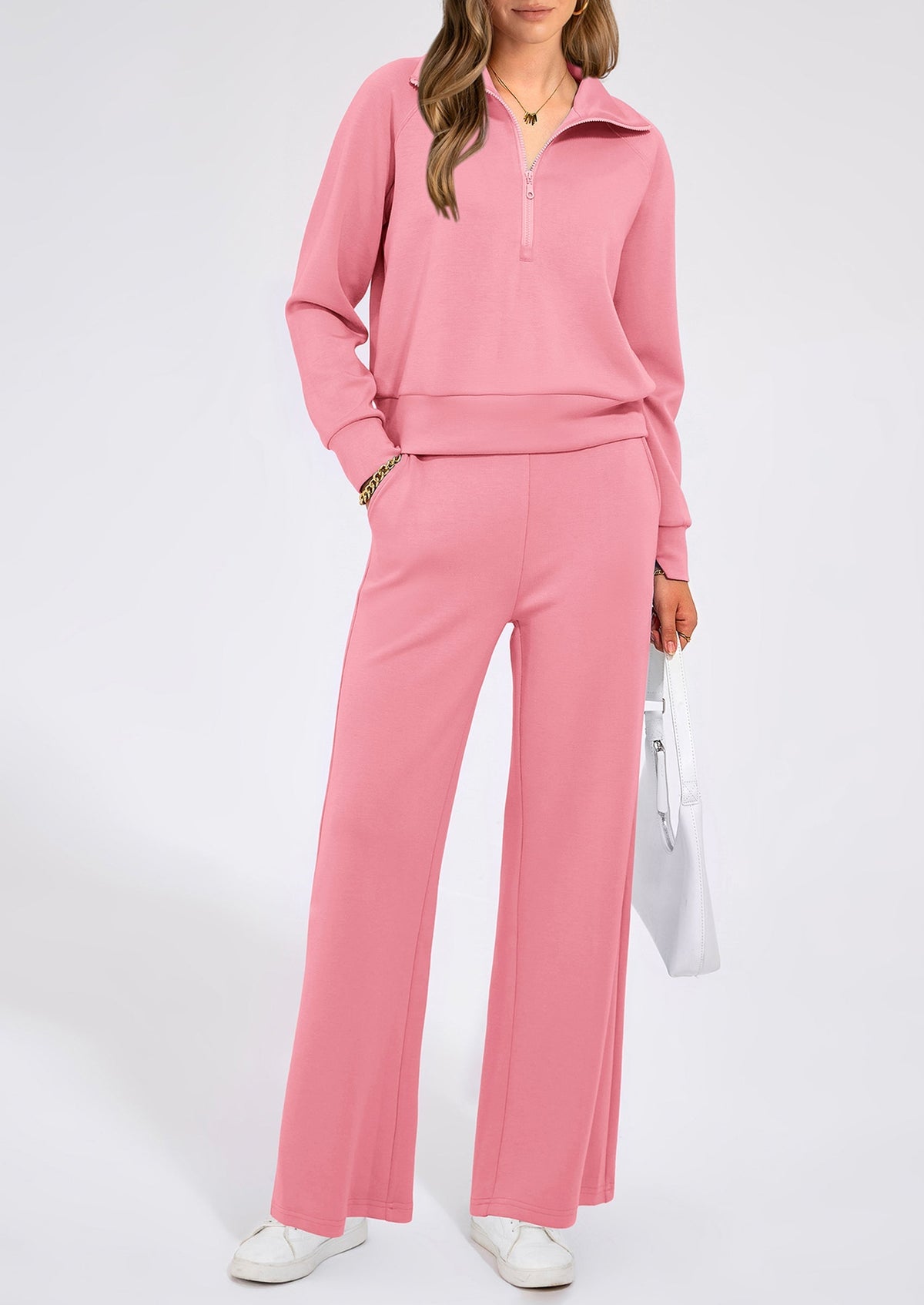 Women's 2 Piece Outfits Casual Lapel Half Zip Sweatshirts And Wide Leg Pants Tracksuit Sets