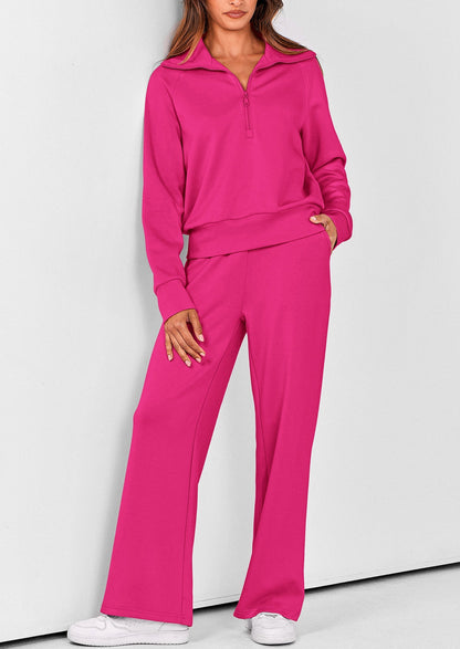 Women's 2 Piece Outfits Casual Lapel Half Zip Sweatshirts And Wide Leg Pants Tracksuit Sets