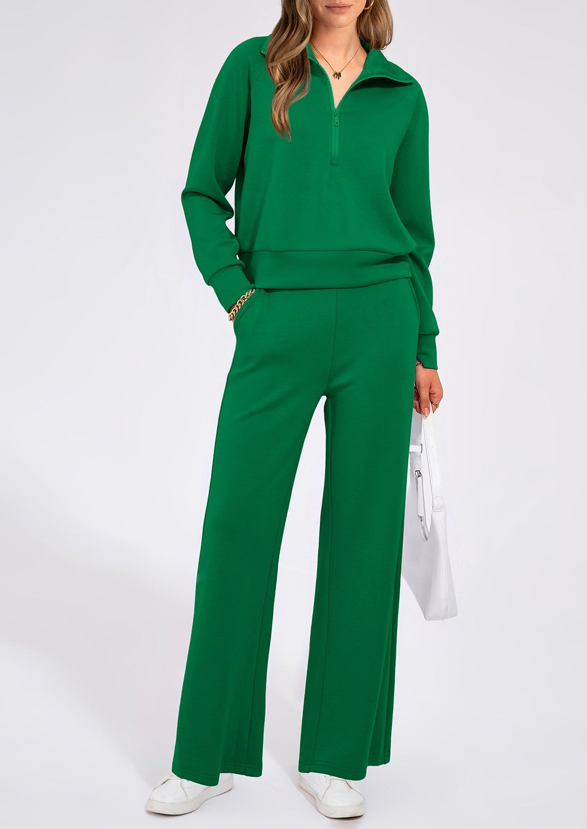 Women's 2 Piece Outfits Casual Lapel Half Zip Sweatshirts And Wide Leg Pants Tracksuit Sets