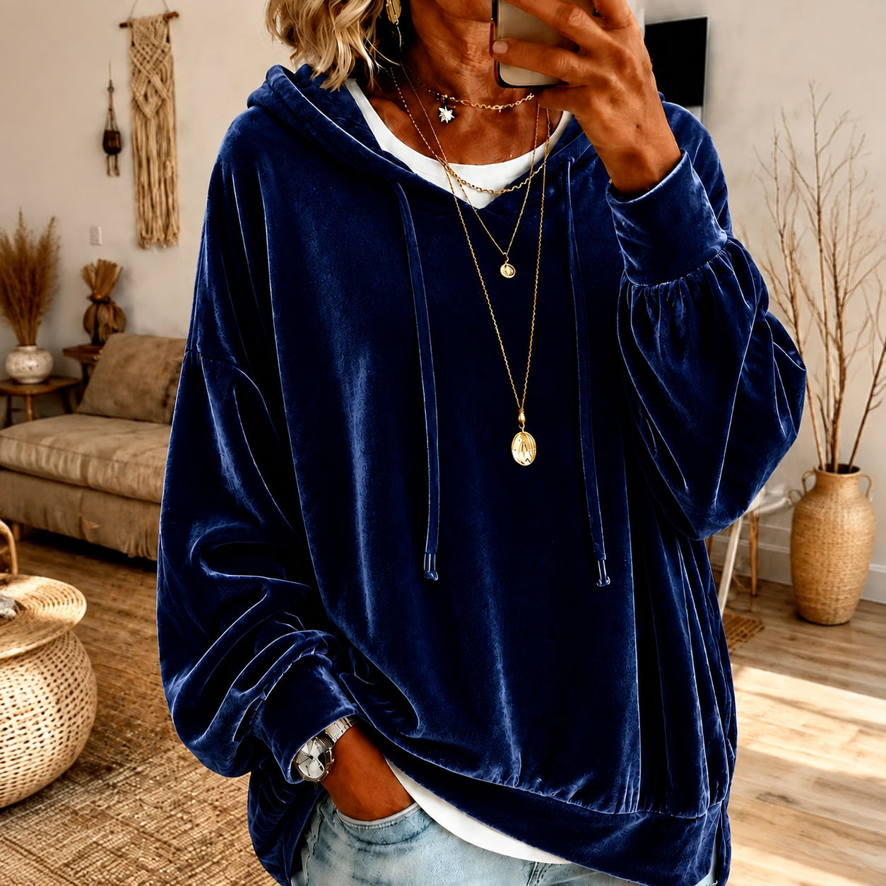 Women's Loose Velvet Drawstring Hoodie