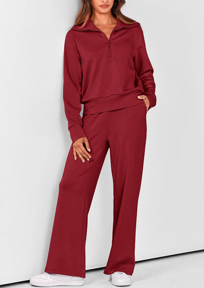 Women's 2 Piece Outfits Casual Lapel Half Zip Sweatshirts And Wide Leg Pants Tracksuit Sets