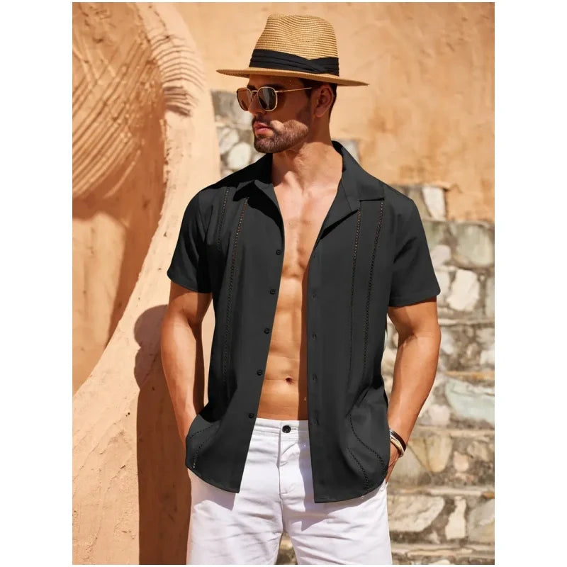 💥Men's Cuban Guayabera Shirt Short Sleeve V-Neck