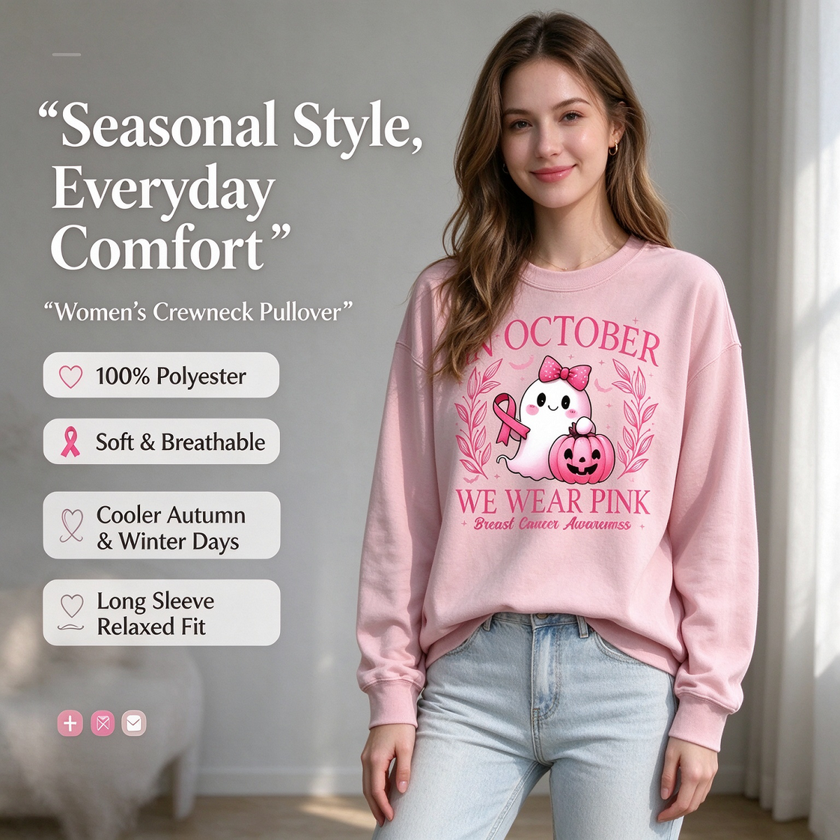 In October We Wear Pink Sweatshirt, Retro Breast Cancer Awareness Shirt, Pink Ribbon Support Hope October Gift