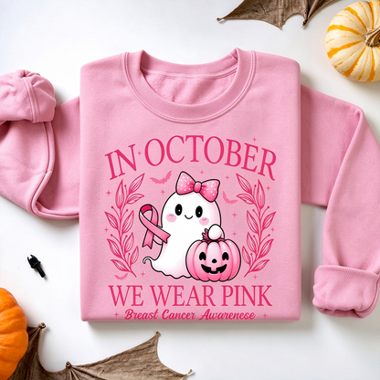 In October We Wear Pink Sweatshirt, Retro Breast Cancer Awareness Shirt, Pink Ribbon Support Hope October Gift