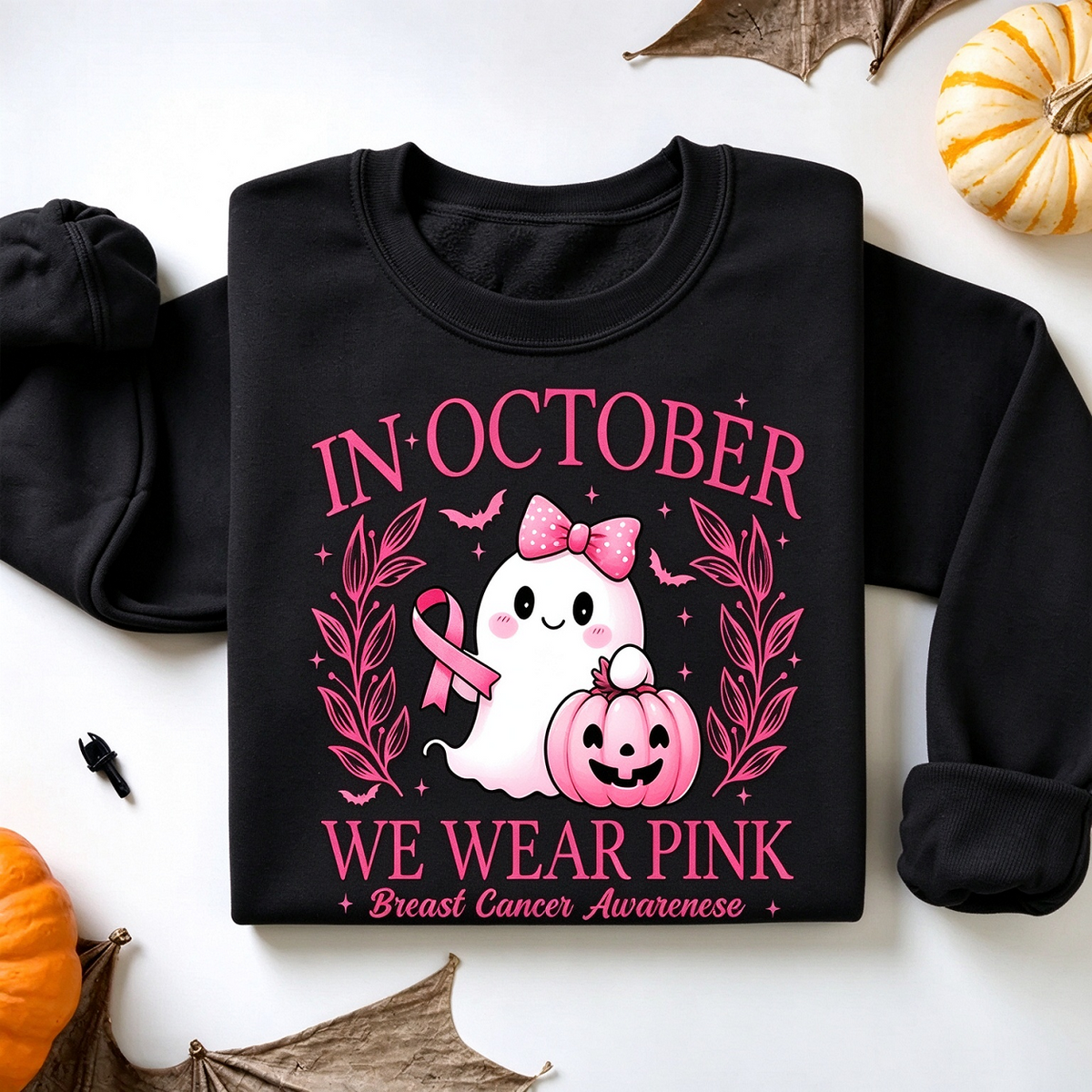 In October We Wear Pink Sweatshirt, Retro Breast Cancer Awareness Shirt, Pink Ribbon Support Hope October Gift