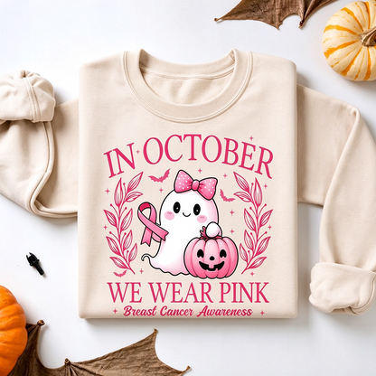 In October We Wear Pink Sweatshirt, Retro Breast Cancer Awareness Shirt, Pink Ribbon Support Hope October Gift