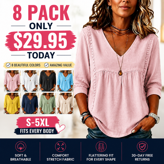 Women's Loose-Fit V-Neck Lace Blouse, 3/4-Length Puff Sleeves