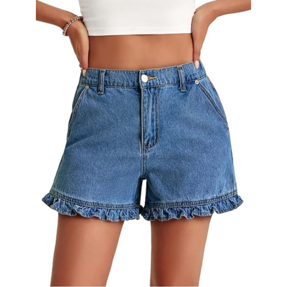 Women's cute high-waisted pure cotton summer ruffled denim shorts