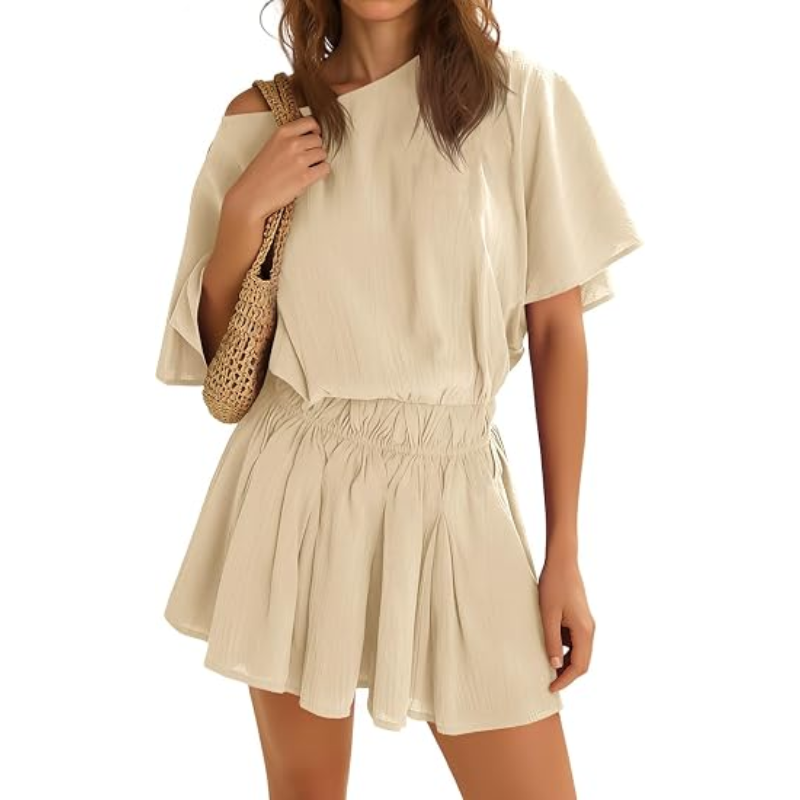 🔥 Limited-Time Promotion 🌸 Women’s Off Shoulder Summer Mini Dress | Batwing Sleeve Cinched Waist Ruffle A-Line Casual Short Dress