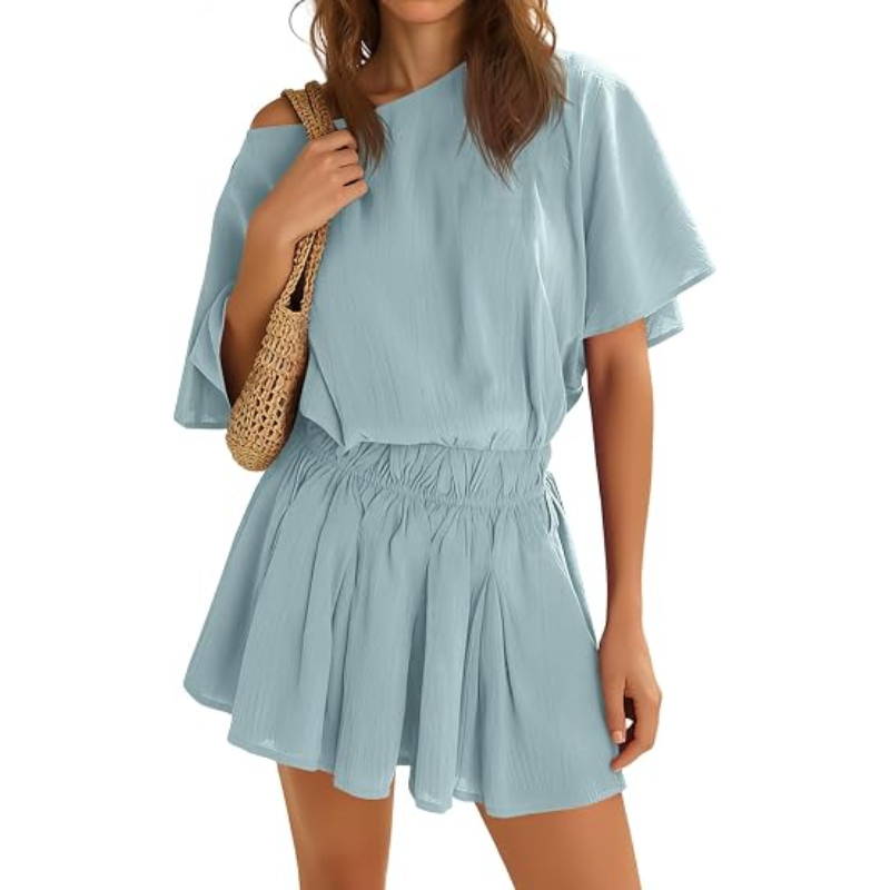 🔥 Limited-Time Promotion 🌸 Women’s Off Shoulder Summer Mini Dress | Batwing Sleeve Cinched Waist Ruffle A-Line Casual Short Dress
