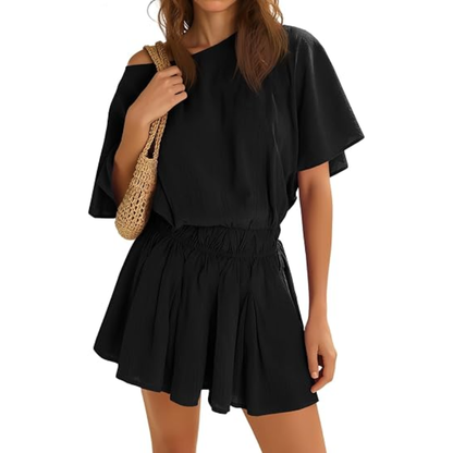🔥 Limited-Time Promotion 🌸 Women’s Off Shoulder Summer Mini Dress | Batwing Sleeve Cinched Waist Ruffle A-Line Casual Short Dress