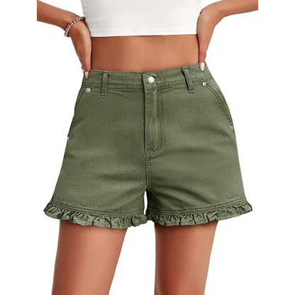 Women's cute high-waisted pure cotton summer ruffled denim shorts