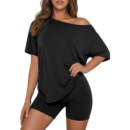 🌸 Women’s Off Shoulder 2-Piece Lounge Set – Casual Fitted Shorts Pajama Set, Soft Spring & Summer Sleepwear Matching Outfit