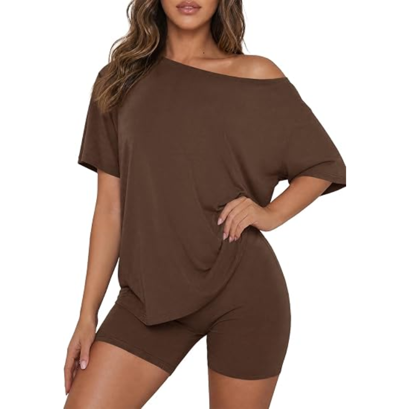 🌸 Women’s Off Shoulder 2-Piece Lounge Set – Casual Fitted Shorts Pajama Set, Soft Spring & Summer Sleepwear Matching Outfit