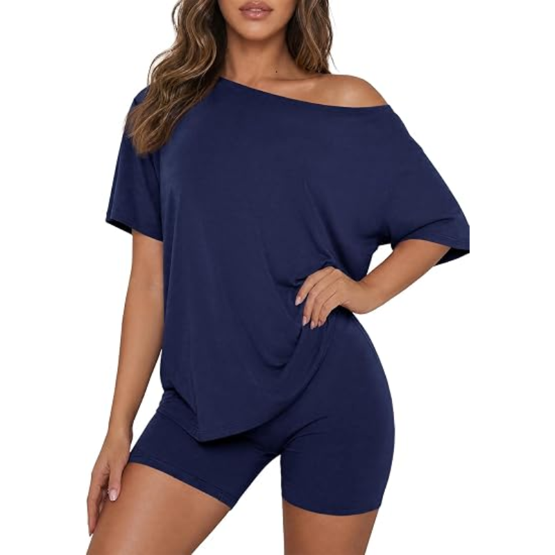 🌸 Women’s Off Shoulder 2-Piece Lounge Set – Casual Fitted Shorts Pajama Set, Soft Spring & Summer Sleepwear Matching Outfit