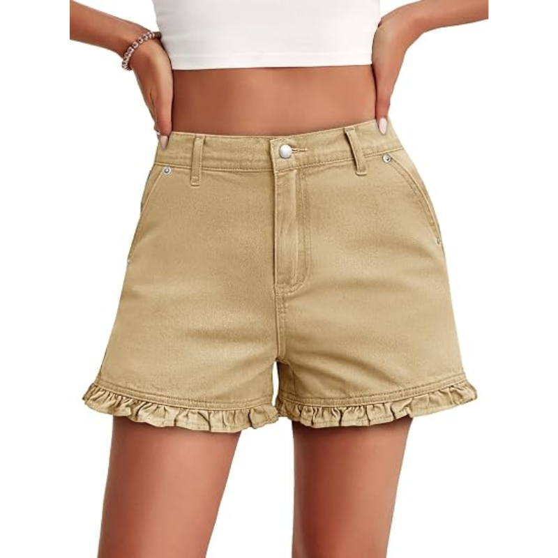 Women's cute high-waisted pure cotton summer ruffled denim shorts