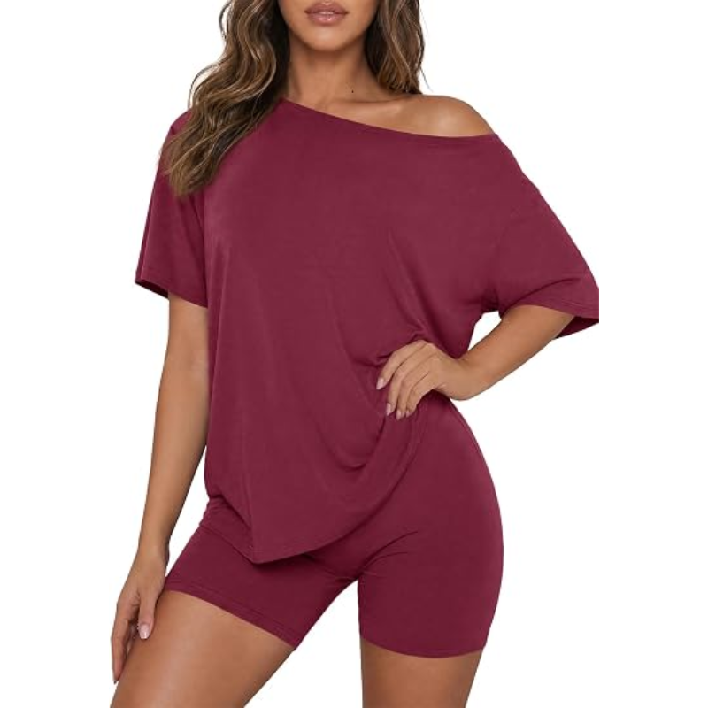 🌸 Women’s Off Shoulder 2-Piece Lounge Set – Casual Fitted Shorts Pajama Set, Soft Spring & Summer Sleepwear Matching Outfit