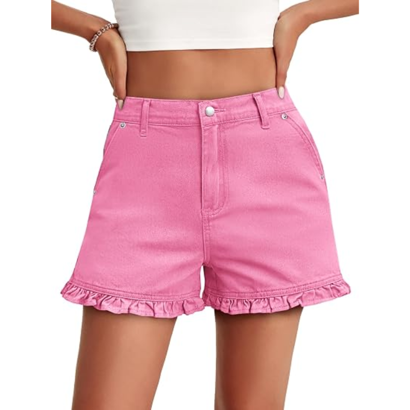 Women's cute high-waisted pure cotton summer ruffled denim shorts