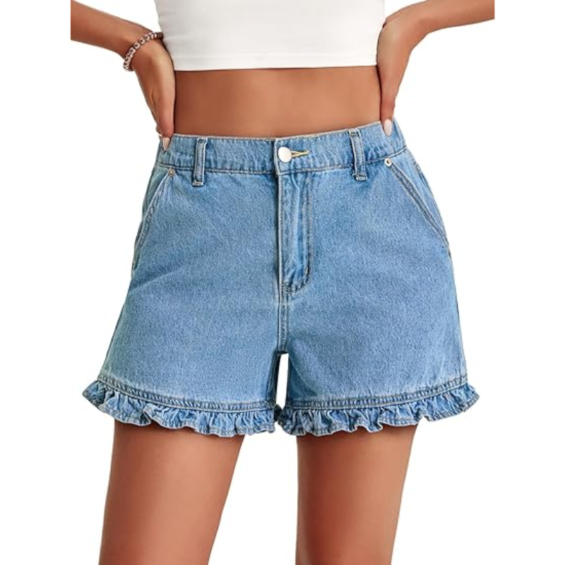 Women's cute high-waisted pure cotton summer ruffled denim shorts