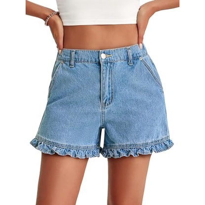 Women's cute high-waisted pure cotton summer ruffled denim shorts