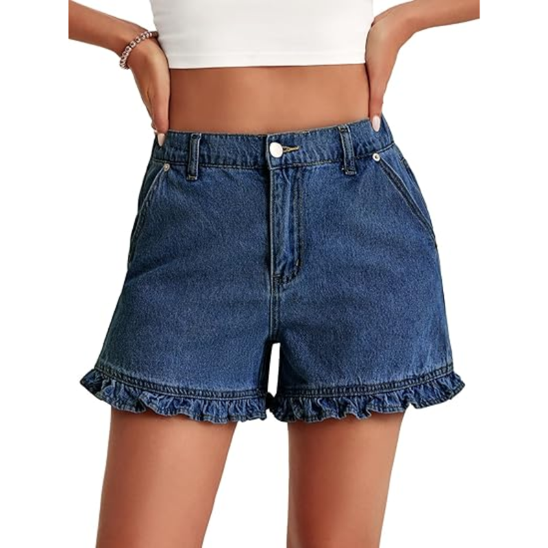 Women's cute high-waisted pure cotton summer ruffled denim shorts