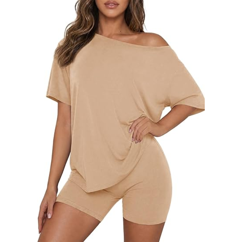 🌸 Women’s Off Shoulder 2-Piece Lounge Set – Casual Fitted Shorts Pajama Set, Soft Spring & Summer Sleepwear Matching Outfit