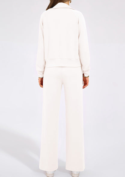 Women's 2 Piece Outfits Casual Lapel Half Zip Sweatshirts And Wide Leg Pants Tracksuit Sets